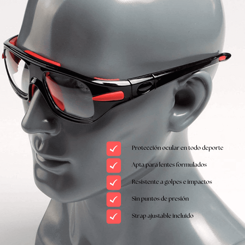 Gafas protección deportivas para lentes formulados en color negro y rojo, ideales para la práctica de deportes.