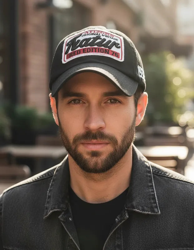 Gorra Cachucha Featur - Negro en un modelo masculino con diseño vintage y estilo clásico al aire libre.